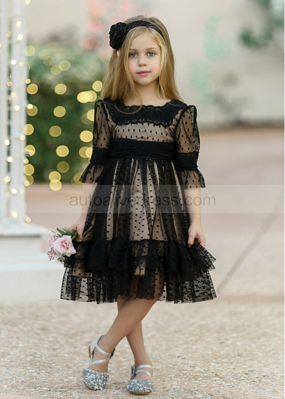 Black Lace Polka Dot Tulle Rustic Flower Girl Dress